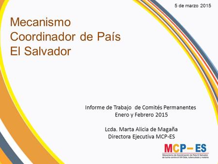 Mecanismo Coordinador de País El Salvador Informe de Trabajo de Comités Permanentes Enero y Febrero 2015 Lcda. Marta Alicia de Magaña Directora Ejecutiva.