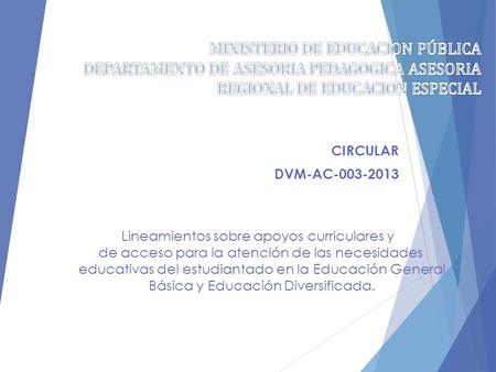 MINISTERIO DE EDUCACION PÚBLICA DEPARTAMENTO DE ASESORIA PEDAGOGICA ASESORIA REGIONAL DE EDUCACION ESPECIAL CIRCULAR DVM-AC-003-2013 Lineamientos sobre.