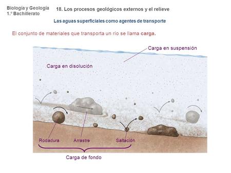 Biología y Geología 1.º Bachillerato 18. Los procesos geológicos externos y el relieve Las aguas superficiales como agentes de transporte El conjunto de.