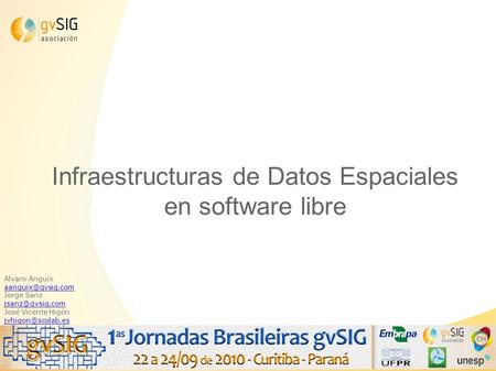 Infraestructuras de Datos Espaciales en software libre Alvaro Anguix Jorge Sanz José Vicente Higón