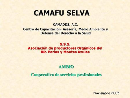 CAMAFU SELVA S.S.S. Asociación de productores Orgánicos del Río Perlas y Montes Azules CAMADDS, A.C. Centro de Capacitación, Asesoría, Medio Ambiente y.