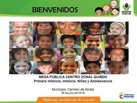BIENVENIDOS MESA PUBLICA CENTRO ZONAL QUIBDO Primera Infancia, Infancia, Niñez y Adolescencia Municipio Carmen de Atrato 28 de julio del 2016.