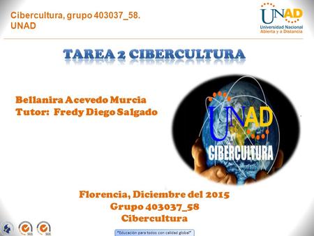“ Educación para todos con calidad global ” Cibercultura, grupo 403037_58. UNAD Bellanira Acevedo Murcia Tutor: Fredy Diego Salgado Florencia, Diciembre.