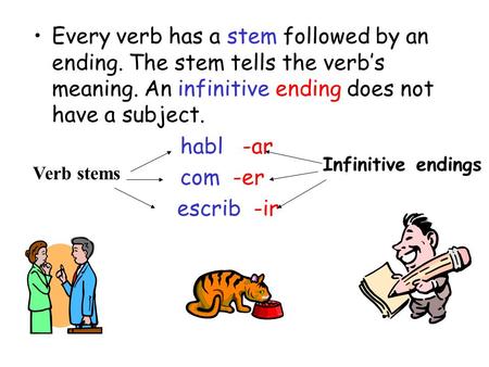 Every verb has a stem followed by an ending. The stem tells the verb’s meaning. An infinitive ending does not have a subject. habl -ar com -er escrib -ir.