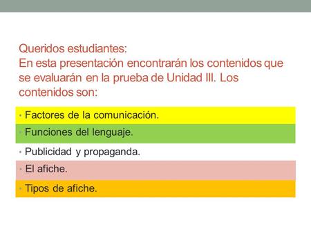 Queridos estudiantes: En esta presentación encontrarán los contenidos que se evaluarán en la prueba de Unidad III. Los contenidos son: Factores de la comunicación.