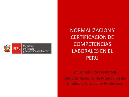 NORMALIZACION Y CERTIFICACION DE COMPETENCIAS LABORALES EN EL PERU Dr. Tomás Flores Noriega Director Nacional de Promoción del Empleo y Formación Profesional.