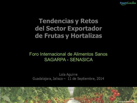 Copyright Fresh Evolution 2014 Tendencias y Retos del Sector Exportador de Frutas y Hortalizas Lola Aguirre Guadalajara, Jalisco – 11 de Septiembre, 2014.