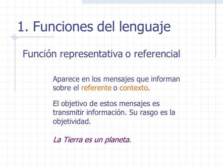 1. Funciones del lenguaje Función representativa o referencial Aparece en los mensajes que informan sobre el referente o contexto. El objetivo de estos.
