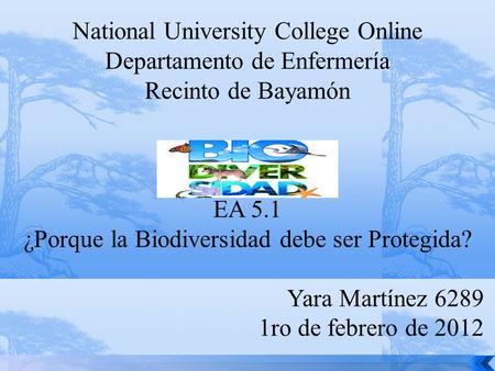 National University College Online Departamento de Enfermería Recinto de Bayamón EA 5.1 ¿Porque la Biodiversidad debe ser Protegida? Yara Martínez 6289.