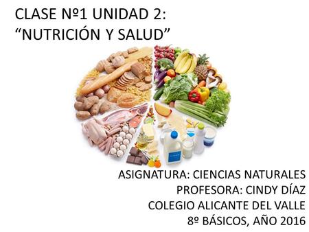 CLASE Nº1 UNIDAD 2: “NUTRICIÓN Y SALUD” ASIGNATURA: CIENCIAS NATURALES PROFESORA: CINDY DÍAZ COLEGIO ALICANTE DEL VALLE 8º BÁSICOS, AÑO 2016.