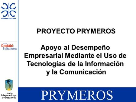 PRYMEROS Banco Interamericano de Desarrollo PROYECTO PRYMEROS Apoyo al Desempeño Empresarial Mediante el Uso de Tecnologías de la Información y la Comunicación.
