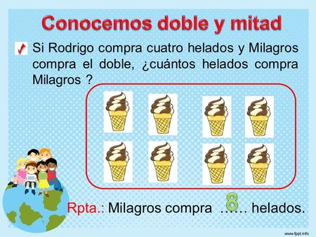 Si Rodrigo compra cuatro helados y Milagros compra el doble, ¿cuántos helados compra Milagros ? Rpta.: Milagros compra …… helados.