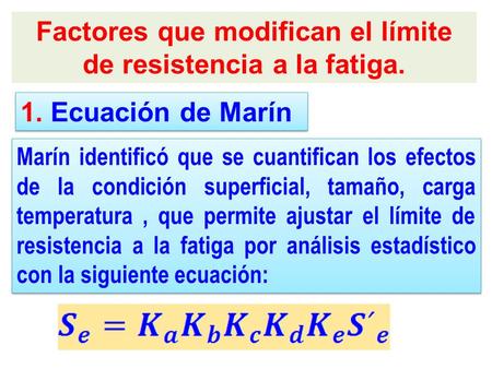 Factores que modifican el límite de resistencia a la fatiga. 1. Ecuación de Marín Marín identificó que se cuantifican los efectos de la condición superficial,