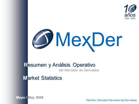 Esumen y Análisis Operativo Resumen y Análisis Operativo del Mercado de Derivados MexDer, Mercado Mexicano de Derivados Mayo / May 2008 arket Statistics.