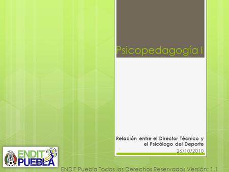 Psicopedagogía I Relación entre el Director Técnico y el Psicólogo del Deporte 26/10/2010 1 ENDIT Puebla Todos los Derechos Reservados Versión: 1.1.