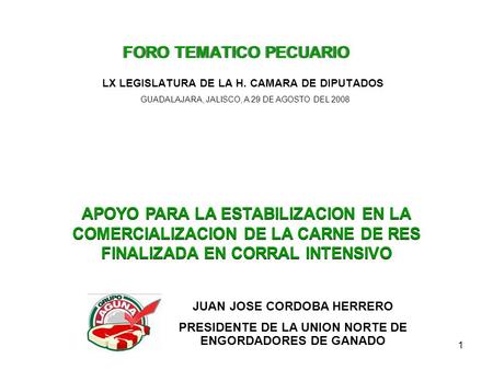 1 FORO TEMATICO PECUARIO LX LEGISLATURA DE LA H. CAMARA DE DIPUTADOS GUADALAJARA, JALISCO, A 29 DE AGOSTO DEL 2008 APOYO PARA LA ESTABILIZACION EN LA COMERCIALIZACION.
