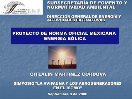 PROYECTO DE NORMA OFICIAL MEXICANA ENERGÍA EÓLICA CITLALIN MARTÍNEZ CÓRDOVA SIMPOSIO LA AVIFAUNA Y LOS AEROGENERADORES EN EL ISTMO Septiembre 8 de 2006.