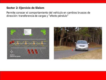 Sector 2: Ejercicio de Slalom Permite conocer el comportamiento del vehículo en cambios bruscos de dirección: transferencia de cargas y efecto péndulo.