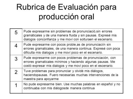 Rubrica de Evaluación para producción oral