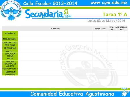 Lunes Tarea 1º A Ciclo Escolar 2013-2014 Comunidad Educativa Agustiniana www.cgm.edu.mx ACTIVIDADREQUISITOS FECHA DE ENTREGA díaMes ESPAÑOL I MATEMATICAS.