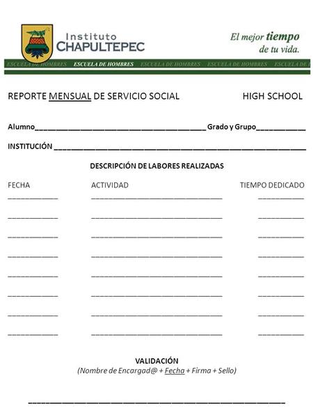 REPORTE MENSUAL DE SERVICIO SOCIAL HIGH SCHOOL