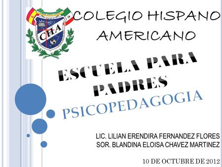 COLEGIO HISPANO AMERICANO LIC. LILIAN ERENDIRA FERNANDEZ FLORES SOR. BLANDINA ELOISA CHAVEZ MARTINEZ 10 DE OCTUBRE DE 2012.