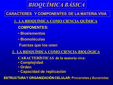 BIOQUÍMICA BÁSICA CARACTERES Y COMPONENTES DE LA MATERIA VIVA