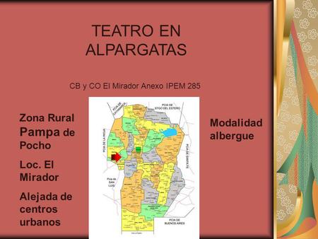 TEATRO EN ALPARGATAS CB y CO El Mirador Anexo IPEM 285 Zona Rural Pampa de Pocho Loc. El Mirador Alejada de centros urbanos Modalidad albergue.