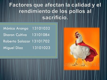 Factores que afectan la calidad y el rendimiento de los pollos al sacrificio. Mónica Arango 13101032 Sharon Cuitiva 13101084 Roberto Salazar 13101702.