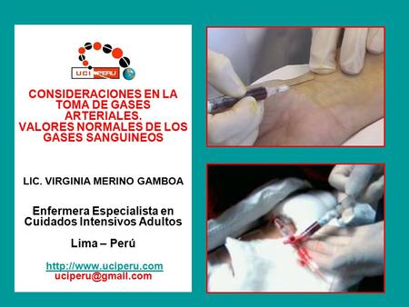 CONSIDERACIONES EN LA TOMA DE GASES ARTERIALES. VALORES NORMALES DE LOS GASES SANGUINEOS LIC. VIRGINIA MERINO GAMBOA Enfermera Especialista en Cuidados.