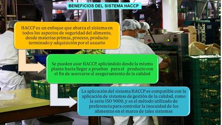 HACCP es un enfoque que abarca el sistema en todos los aspectos de seguridad del alimento, desde materias primas, proceso, producto terminado y adquisición.