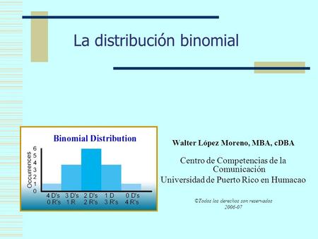 La distribución binomial Walter López Moreno, MBA, cDBA Centro de Competencias de la Comunicación Universidad de Puerto Rico en Humacao ©Todos los derechos.