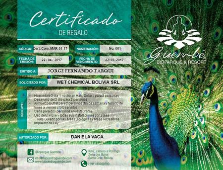 Cert. Com. MAR / 04 / / 07/ 2017 No. 001 JORGE FERNANDO TARQUI WET CHEMICAL BOLIVIA SRL DANIELA VACA Hospedaje 2 día 1 noche en Hab. Deluxe.