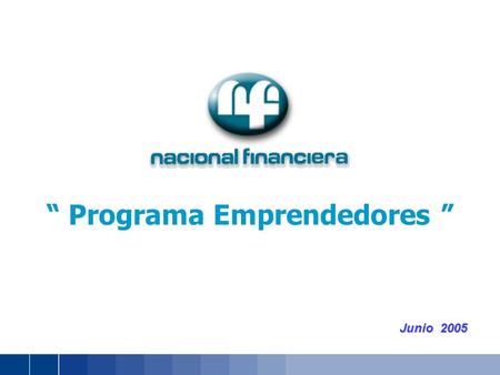 Junio 2005 Programa Emprendedores. 64% El financiamiento de las nuevas PYMES proviene principalmente del Ahorro Familiar 17% 18% 64% Ahorro Familiar 18%