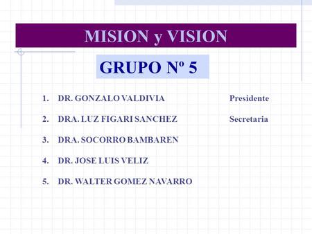 GRUPO Nº 5 1.DR. GONZALO VALDIVIAPresidente 2.DRA. LUZ FIGARI SANCHEZSecretaria 3.DRA. SOCORRO BAMBAREN 4.DR. JOSE LUIS VELIZ 5.DR. WALTER GOMEZ NAVARRO.
