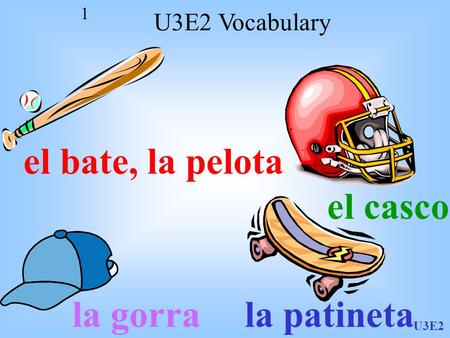 U3E2 1 el bate, la pelota el casco la gorrala patineta U3E2 Vocabulary.