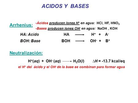 ACIDOS Y BASES Arrhenius: Neutralización: HA: Acido HA H+ + A-