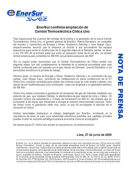 EnerSur confirma ampliación de Central Termoeléctrica Chilca Uno