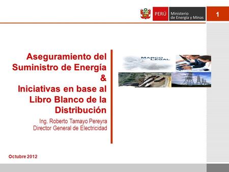 1 Aseguramiento del Suministro de Energía & Iniciativas en base al Libro Blanco de la Distribución Octubre 2012 Ing. Roberto Tamayo Pereyra Director General.
