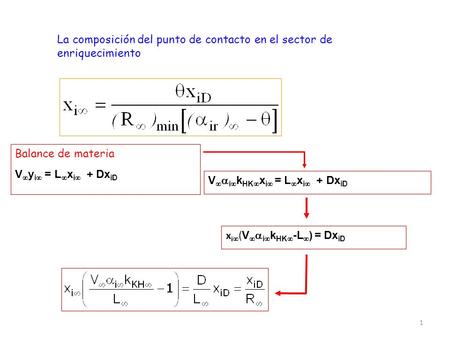 1 La composición del punto de contacto en el sector de enriquecimiento Balance de materia V y i = L x i + Dx iD V i k HK x i = L x i + Dx iD x i ( V i.