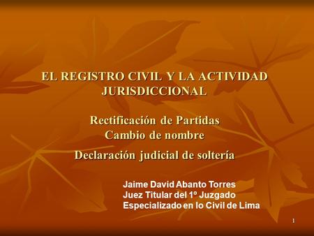 EL REGISTRO CIVIL Y LA ACTIVIDAD JURISDICCIONAL Rectificación de Partidas Cambio de nombre Declaración judicial de soltería Jaime David Abanto Torres.