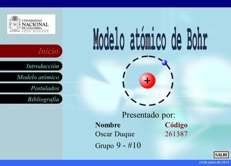 Modelo atómico de Bohr Presentado por: Nombre Oscar Duque Código