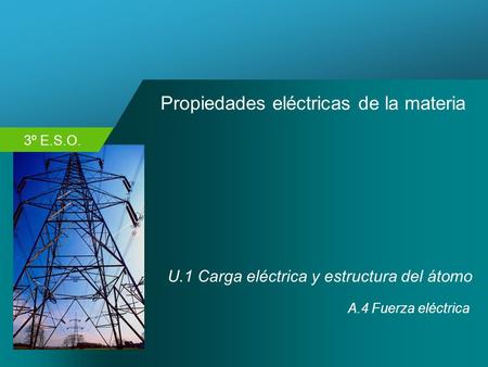 3º E.S.O. Propiedades eléctricas de la materia U.1 Carga eléctrica y estructura del átomo A.4 Fuerza eléctrica.
