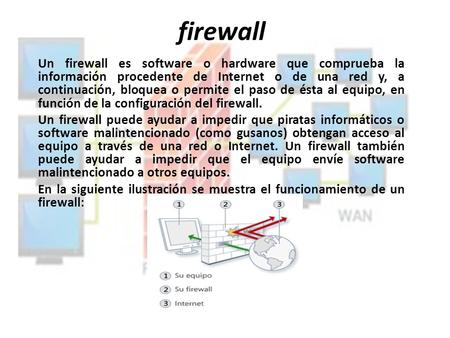Firewall Un firewall es software o hardware que comprueba la información procedente de Internet o de una red y, a continuación, bloquea o permite el paso.