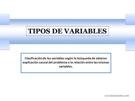 TIPOS DE VARIABLES Clasificación de las variables según la búsqueda de obtener explicación causal del problema o la relación entre las mismas variables.