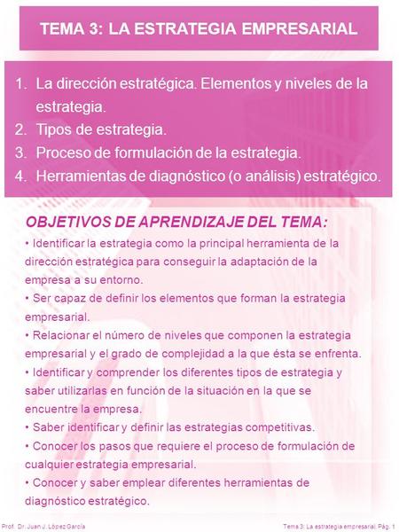 Tema 3: La estrategia empresarial. Pág. 1Prof. Dr. Juan J. López García TEMA 3: LA ESTRATEGIA EMPRESARIAL 1.La dirección estratégica. Elementos y niveles.