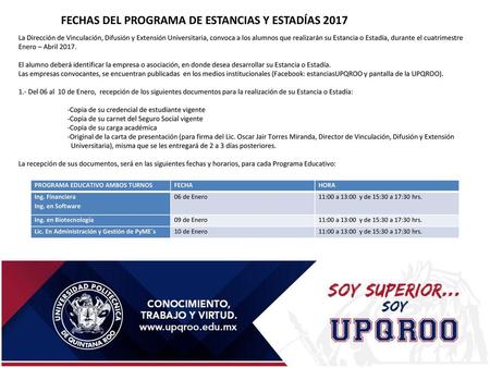 FECHAS DEL PROGRAMA DE ESTANCIAS Y ESTADÍAS 2017