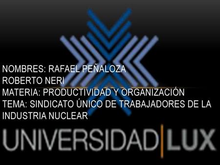Nombres: Rafael Peñaloza Roberto Neri Materia: Productividad y Organización Tema: Sindicato Único de Trabajadores de la Industria Nuclear.