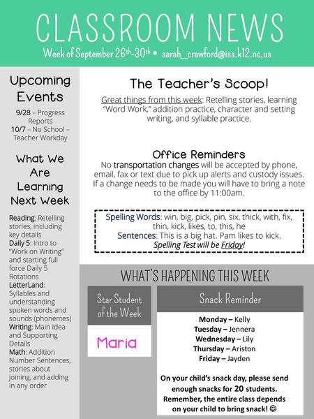 CLASSROOM NEWS Maria Upcoming Events The Teacher’s Scoop!