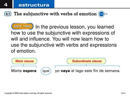 In the previous lesson, you learned how to use the subjunctive with expressions of will and influence. You will now learn how to use the subjunctive with.